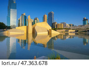Abu Dhabi, United Arab Emirates - Jan 10 2024, Panoramic view of the square with the Al Musallah public space, built by the CEBRA, with skyscrapers in background, Abu Dhabi, United Arab Emirates. Редакционное фото, фотограф Сергей Богомяко / Фотобанк Лори