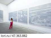 Abu Dhabi, United Arab Emirates - Jan 17 2024, Panoramic view of the painting The Funeral of the Mona Lisa, by artist Yang Pei-Ming, at the Louvre Abu Dhabi Museum, Abu Dhabi, United Arab Emirates. Редакционное фото, фотограф Сергей Богомяко / Фотобанк Лори