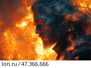 An expressive portrait of a man surrounded by flames. His face is focused, with a determined, almost predatory look. His hair flutters as if in a whirlwind of fire, and his skin seems to be covered in ash and burnt cinders. His gaze is blazing, filled with inner strength and stubbornness. The whole image is like the embodiment of the elements, strength and will. The color palette is dramatic, with a contrast between dark blue shadows and bright orange tongues of flame. The picture seems to speak of a man who has passed through fire - and become a part of it. Стоковое AI-изображение, AI-художник Анна Кривицкая / Фотобанк Лори