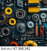 Neatly laid out metal parts, gears, tools and mechanical elements. The composition resembles a workshop or an engineering set: various gear wheels, nuts, bolts, springs, keys, washers, as well as hand tools - a screwdriver, nippers. Some elements are painted in bright yellow and red, which creates a visual accent against the background of steel and gray metal. The atmosphere is technical, industrial, with notes of precision and order. Стоковое AI-изображение, AI-художник Анна Кривицкая / Фотобанк Лори