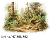 A corner of the forest — quiet, almost untouched. The scene is filled with details: thick ferns, undergrowth, roots of fallen trees, a mushroom on a stump, and terracotta jugs standing on the mushroom, as if abandoned by forest dwellers or wanderers. The light softly penetrates the foliage, creating an atmosphere of privacy and peace. This place seems alive, as if fairy tales and old secrets are hidden in it. Стоковое AI-изображение, AI-художник Анна Кривицкая / Фотобанк Лори