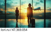 Travelers Waiting at the Airport With Sunset Views and Departing Airplane in the Background. Стоковое AI-изображение, AI-художник Юлия Гапеенко / Фотобанк Лори
