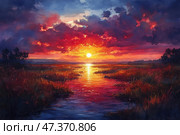A picturesque sunset over a river or bay, done in the style of watercolor or digital painting. The sun is low on the horizon, its bright golden-orange light reflecting off the water, creating a glowing path. The sky is dramatically colored in rich shades of red, purple, blue and violet. On either side of the body of water stretch thickets of grass and bushes, dark silhouettes of trees are visible in the distance. The landscape radiates warmth, silence and the magic of the moment. Стоковое AI-изображение, AI-художник Анна Кривицкая / Фотобанк Лори