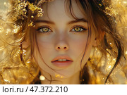 Portrait of a young girl with strikingly expressive eyes of a green-golden hue. Her skin is fair, with natural freckles, her lips are softly outlined, and her gaze is direct and mesmerizing. Her hair is slightly tousled, with gold elements woven into it, creating a sense of radiance and magic. The atmosphere of the photo is fabulous, filled with warmth, light and refined beauty. Стоковое AI-изображение, AI-художник Анна Кривицкая / Фотобанк Лори