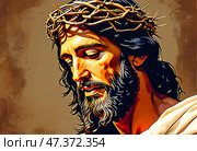 Jesus Christ adorned with a crown of thorns, reflecting deep emotion and a sense of compassion. The artistry highlights his suffering, inviting contemplation Generative AI. Стоковое AI-изображение, AI-художник Юлия Петровская / Фотобанк Лори