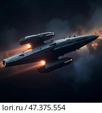Advanced ships glide through the vastness of space, their engines igniting with vibrant bursts as they explore distant galaxies, embarking on interstellar adventures under starry skies Generative AI. Стоковое AI-изображение, AI-художник Юлия Петровская / Фотобанк Лори