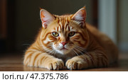 Playful Orange Tabby Cat Lounging Indoors, Capturing the Warmth of a Lazy Afternoon. Стоковое AI-изображение, AI-художник Sergey Grishin / Фотобанк Лори