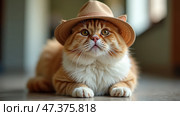 Cat in a Stylish Hat Lounging Comfortably Indoors, Showcasing Its Vibrant Personality and Cozy Charm During a Sunny Afternoon. Стоковое AI-изображение, AI-художник Sergey Grishin / Фотобанк Лори