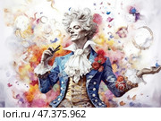 A spectacular watercolor illustration of a rococo aristocrat or actor surrounded by a swirl of bright colors, petals and bubbles. The man with his lush white hair, in a luxurious blue waistcoat decorated with flowers and with a lace jabot, looks eccentric and artistic. His pose is theatrical: in one hand he holds a cigarette holder, and with the other - as if conducting this firework of emotions and beauty. The atmosphere of the stage is festive, fantasy, filled with imagination and theatrical play. Стоковое AI-изображение, AI-художник Анна Кривицкая / Фотобанк Лори
