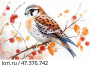 An elegant watercolor illustration of a bird resembling an American Kestrel perched on a branch with autumn leaves and red berries. The bird is detailed: the tawny plumage with dark spots, expressive eyes and a thin beak create an impression of realism while maintaining the softness of a watercolor style. The warm autumn color palette and white background emphasize the atmosphere of calm, lightness and natural harmony. Стоковое AI-изображение, AI-художник Анна Кривицкая / Фотобанк Лори