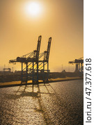 Manama, Bahrain - Jan 08 2024, Panoramic view of Bahrain commercial port with blue cranes, buildings and containers, with sea on foreground, by the morning, dawn, sunrise, Manama, Bahrain. Стоковое фото, фотограф Сергей Богомяко / Фотобанк Лори