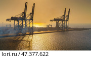 Manama, Bahrain - Jan 08 2024, Panoramic view of Bahrain commercial port with blue cranes, buildings and containers, with sea on foreground, by the morning, dawn, sunrise, Manama, Bahrain. Стоковое фото, фотограф Сергей Богомяко / Фотобанк Лори