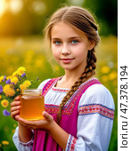 A little girl in a Russian sarafan holds a full jar of fresh honey in her hands. August 14 is the Orthodox holiday Honey Spas. Стоковое AI-изображение, AI-художник Сергей Елизарьев / Фотобанк Лори