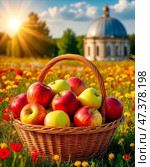 A basket of ripe apples. August 19 - Transfiguration of the Lord, or Apple Savior - one of the first harvest holidays; the day from which, according to legend, nature transitioned from summer to autumn and winter. Стоковое AI-изображение, AI-художник Сергей Елизарьев / Фотобанк Лори