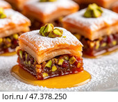 A piece of dessert with a white powdered topping. Стоковое AI-изображение, AI-художник Ярославский Максим / Фотобанк Лори