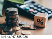 Tax season Taxation. Percent sign on wooden block, calculator, coins stack. Paperwork, financial research, report. Calculate tax return. Personal banking. Finance. Planning budget. Calculating expense. Стоковое AI-изображение, AI-художник Марина Демидюк / Фотобанк Лори