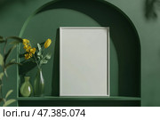 Blank Greeting Card, Invitation Mockup. Front view Yellow Flowers in Vase, Modern Green Wall, Boho Paper Mock Up on Table. Copy Space. Minimal Business Brand Template. Soft Shadow Nordic Flier Design. Стоковое AI-изображение, AI-художник Марина Демидюк / Фотобанк Лори