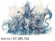 A magical, mystical scene, executed in watercolor technique. In the center of the composition are three female figures, embodying the spirits of water or sea goddesses. The lower figure with a crown of crystals and a staff stands by the water, as if addressing the viewer. Above her is a massive mass of water, in which fluid forms, sea plants and fantastic creatures appear. The upper figure seems to crown the composition, her hair fluttering and merging with the water streams. The color palette is built on muted shades of blue, light blue, violet and gray. The whole image resembles a dream or a mythical fairy tale. Стоковое AI-изображение, AI-художник Анна Кривицкая / Фотобанк Лори