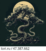 A stylized illustration in a dark palette depicting a tree whose base and trunk turn into a snake. The tree branches spread out to the sides, forming a dense crown against the background of a large full moon. The composition is made in an engraving style, with high detail and expressive contrast. The snake wraps around the tree, its scales are carefully drawn. Above the tree is a flying dragon or bird, enhancing the feeling of an ancient mythological scene. The illustration can be associated with symbols of life, temptation, wisdom and the cyclicality of nature. Стоковое AI-изображение, AI-художник Анна Кривицкая / Фотобанк Лори