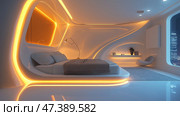 Modern bedroom featuring futuristic design and ambient lighting in a sleek, minimalist space. Стоковое AI-изображение, AI-художник Михаил Коханчиков / Фотобанк Лори