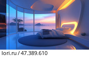 Modern bedroom with stunning ocean view during sunrise offers serenity and tranquility. Стоковое AI-изображение, AI-художник Михаил Коханчиков / Фотобанк Лори