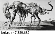Surreal creature with twisted forms wandering a barren landscape under a stark sky. Стоковое AI-изображение, AI-художник Михаил Коханчиков / Фотобанк Лори