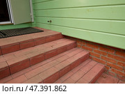 Brick Stairs and Green Exterior Open Door View. Стоковое фото, фотограф Кутина Татьяна / Фотобанк Лори