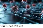 Virus particles connected by digital network illustrating the interaction of pathogens in a modern scientific context, health technology concept. Стоковое AI-изображение, AI-художник 123 12 / Фотобанк Лори