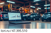 The car engine is being diagnosed in the Car Workshop. There are various SUVs in the garage. Стоковое AI-изображение, AI-художник Ирина Ручушкина / Фотобанк Лори