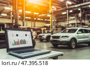 The car engine is being diagnosed in the Car Workshop. There are various SUVs in the garage. Стоковое AI-изображение, AI-художник Ирина Ручушкина / Фотобанк Лори