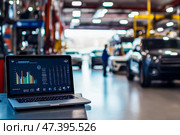 The car engine is being diagnosed in the Car Workshop. There are various SUVs in the garage. Стоковое AI-изображение, AI-художник Ирина Ручушкина / Фотобанк Лори