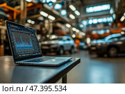 The car engine is being diagnosed in the Car Workshop. There are various SUVs in the garage. Стоковое AI-изображение, AI-художник Ирина Ручушкина / Фотобанк Лори