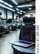 The car engine is being diagnosed in the Car Workshop. There are various SUVs in the garage. Стоковое AI-изображение, AI-художник Ирина Ручушкина / Фотобанк Лори