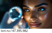 Close examination of a woman's eyes in a clinical setting showcasing detailed ocular assessment during a routine eye examination. Стоковое AI-изображение, AI-художник Сергей Толмачёв / Фотобанк Лори