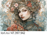 An elegant portrait of a young woman in the Art Nouveau style, filled with floral and decorative elements. Her face is refined, with an expressive look and soft features. Her hair is thick, wavy, decorated with flowers, leaves and berries. The outfit and background are permeated with ornaments, curls and a pastel color palette - soft blue, pink, cream and ochre tones create a sense of harmony and sophistication. The composition is inspired by the work of Alphonse Mucha and conveys a romantic mood, tenderness and natural beauty. Стоковое AI-изображение, AI-художник Анна Кривицкая / Фотобанк Лори