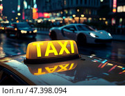 Illuminated Yellow Taxi Sign Against Vibrant City Nightscape. Стоковое AI-изображение, AI-художник Iva Noel / Фотобанк Лори