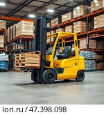 Forklift in a modern warehouse. A modern warehouse interior with an industrial loader at its center and towering storage racks lined with crates and boxes. Стоковое AI-изображение, AI-художник Iva Noel / Фотобанк Лори