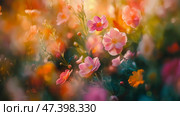 Vibrant flowers bloom amidst soft greenery in a sunlit garden pathway. Красочные цветы плавно покачиваются в пышном саду, залитом теплым солнечным светом. Яркие оттенки и размытое движение создают сказочную атмосферу, приглашая зрителей оценить красоту природы. Стоковое AI-изображение, AI-художник Katsiaryna Repich / Фотобанк Лори