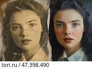 Vintage portrait restoration highlights beauty across generations. В сравнении бок о бок представлены отреставрированный винтажный портрет и его оригинальная версия. Яркие черты лица молодой женщины демонстрируют заметные изменения с течением времени, отмечая эволюцию красоты. Стоковое AI-изображение, AI-художник Katsiaryna Repich / Фотобанк Лори