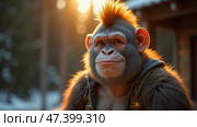 Creative Depiction of a Monkey With an Expressive Face in Nature During Golden Hour Light. Anthropomorphic ape. Стоковое AI-изображение, AI-художник Sergey Grishin / Фотобанк Лори
