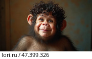 Curious Monkey With Curly Hair Displays a Charming Smile in a Cozy Indoor Setting During Daylight. Anthropomorphic ape. Стоковое AI-изображение, AI-художник Sergey Grishin / Фотобанк Лори