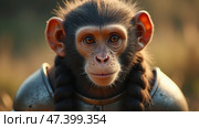 Monkey Wearing Knight Armor With Braided Hair in a Lush, Natural Setting During Daylight Hours, Showing a Unique Blend of Wildlife and Fantasy Elements. Anthropomorphic ape. Стоковое AI-изображение, AI-художник Sergey Grishin / Фотобанк Лори