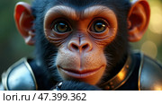 Curious Young Monkey With Expressive Eyes Wearing a Shiny Armor-Like Outfit in a Natural Outdoor Setting During Daylight. Anthropomorphic ape. Стоковое AI-изображение, AI-художник Sergey Grishin / Фотобанк Лори