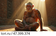 Monkey Sitting in Sunlight in an Old Brick Alley During the Day. Anthropomorphic ape. Стоковое AI-изображение, AI-художник Sergey Grishin / Фотобанк Лори