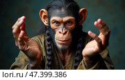 Expressive Primate With Braided Hair Showing Unique Gestures in a Dimly Lit Setting. Anthropomorphic ape. Стоковое AI-изображение, AI-художник Sergey Grishin / Фотобанк Лори