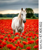 Horse among red poppies. 2026 is the year of the Horse according to the eastern calendar. Стоковое AI-изображение, AI-художник Сергей Елизарьев / Фотобанк Лори