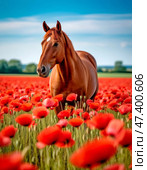 Horse among red poppies. 2026 is the year of the Horse according to the eastern calendar. Стоковое AI-изображение, AI-художник Сергей Елизарьев / Фотобанк Лори