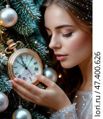 The young girl is waiting for the New Year to come. The clock is counting down the last moment of the outgoing old year. There is little time left until the New Year. Is everything ready to celebrate the New Year? Стоковое AI-изображение, AI-художник Сергей Елизарьев / Фотобанк Лори
