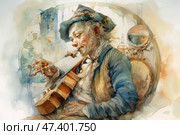 A watercolor illustration of an elderly street musician playing the violin. He is dressed in old-fashioned, slightly worn clothes with a waistcoat and hat, and has a good-natured smile and a light concentration on his face. Around him are soft, washed-out colors, creating a nostalgic and touching atmosphere. In the background are blurred figures and elements of an interior or street scene, giving the work depth and vitality. The whole composition seems to be imbued with warmth and love for music and the simple joys of life. Стоковое AI-изображение, AI-художник Анна Кривицкая / Фотобанк Лори