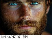 A close-up of a man's face with expressive blue eyes, a thick beard and tanned skin. The detail in the image is impressive: you can see the texture of the skin, every hair of the beard and the bright reflection in the eyes. The gaze is focused and deep, creating a sense of strength, confidence and inner fortitude. The lighting emphasizes the natural beauty and masculinity of the model. This photo is ideal for themes related to masculinity, style, natural beauty and high-quality portrait photography. Стоковое AI-изображение, AI-художник Анна Кривицкая / Фотобанк Лори